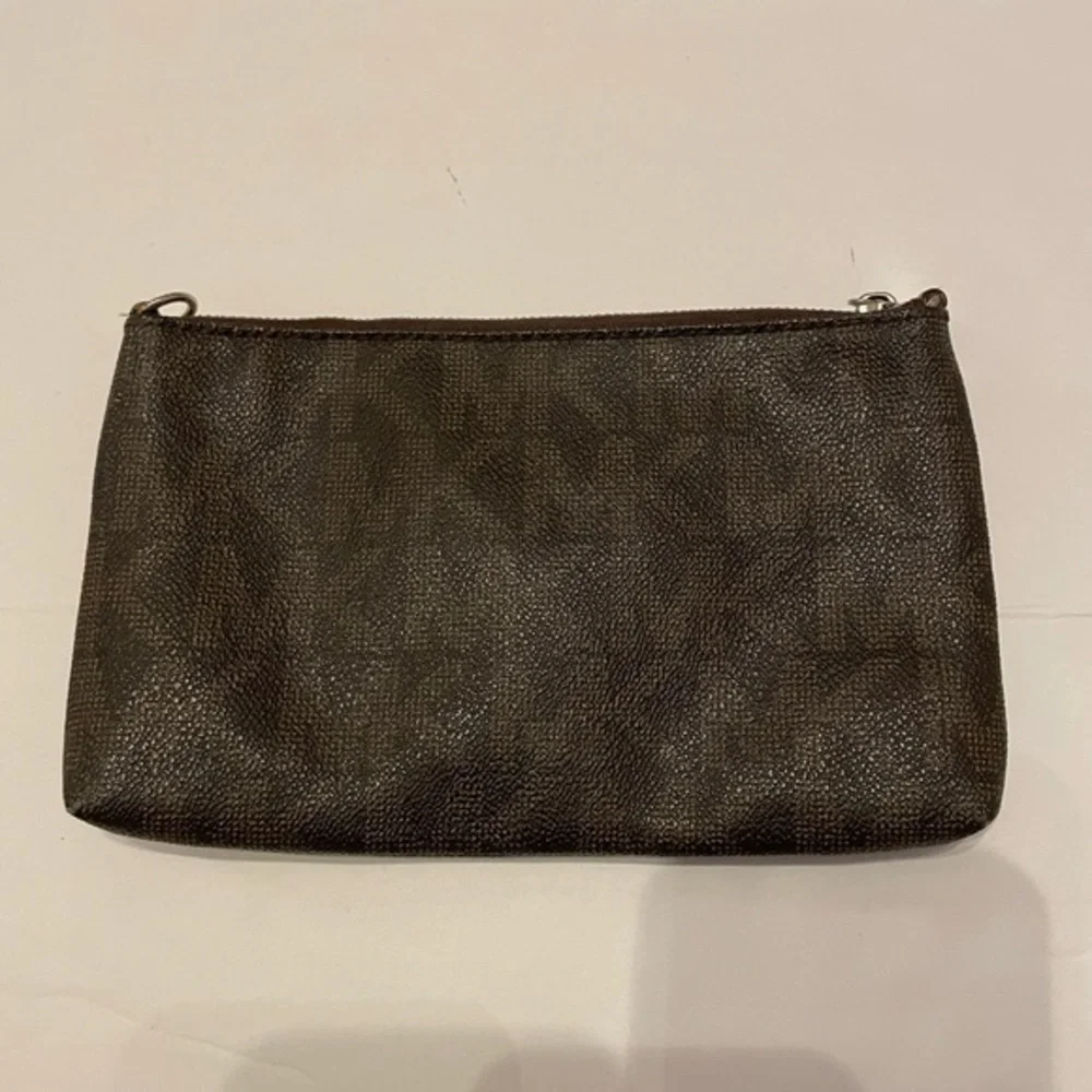 Michael Kors Brown Signature Monogram Wristlet Pouch Gold Hardware Wallet Clutch
